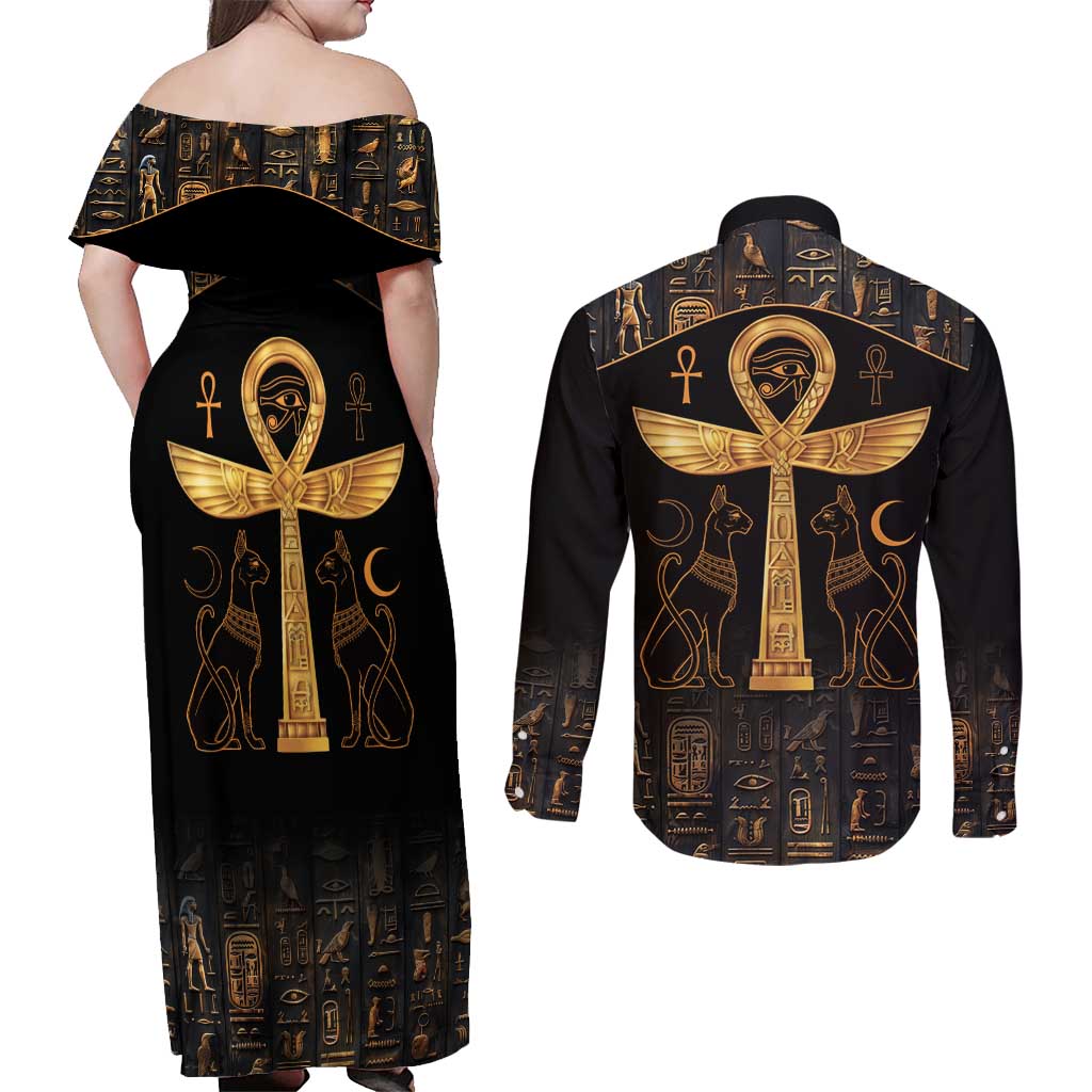 Ankh with Eye of Horus Couples Matching Off Shoulder Maxi Dress and Long Sleeve Button Shirt Ancient Egypt Culture LT9 - Wonder Print Shop