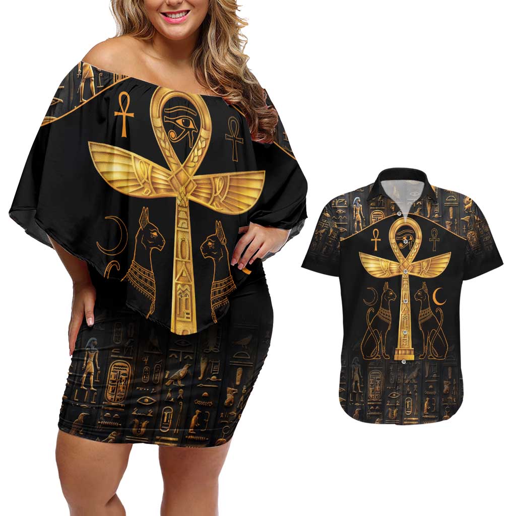 Ankh with Eye of Horus Couples Matching Off Shoulder Short Dress and Hawaiian Shirt Ancient Egypt Culture LT9 - Wonder Print Shop
