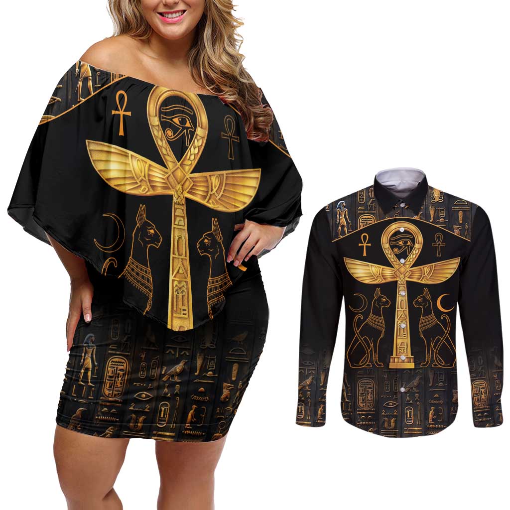 Ankh with Eye of Horus Couples Matching Off Shoulder Short Dress and Long Sleeve Button Shirt Ancient Egypt Culture LT9 - Wonder Print Shop