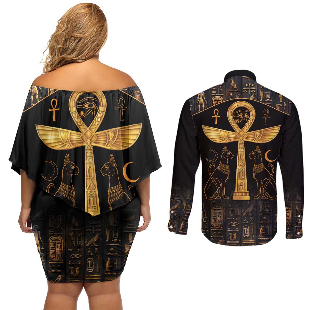 Ankh with Eye of Horus Couples Matching Off Shoulder Short Dress and Long Sleeve Button Shirt Ancient Egypt Culture LT9 - Wonder Print Shop
