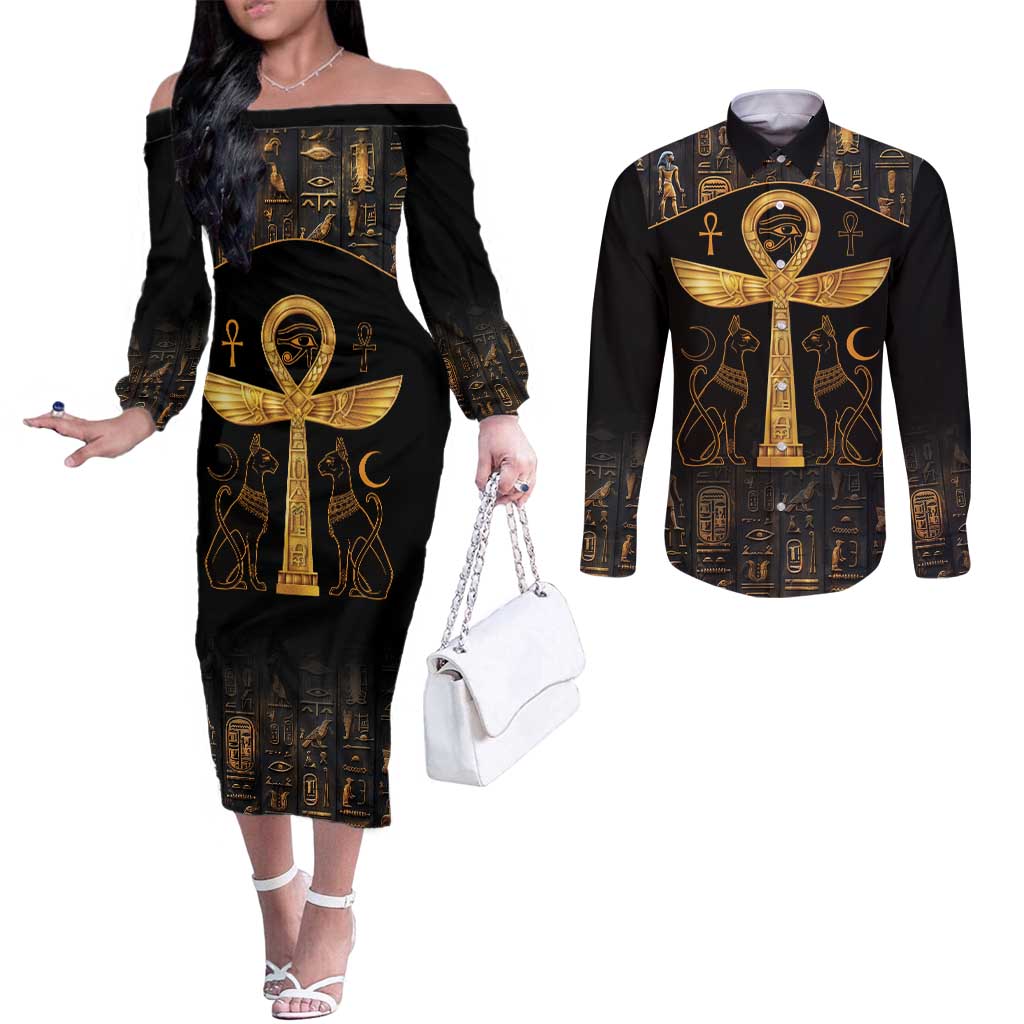 Ankh with Eye of Horus Couples Matching Off The Shoulder Long Sleeve Dress and Long Sleeve Button Shirt Ancient Egypt Culture