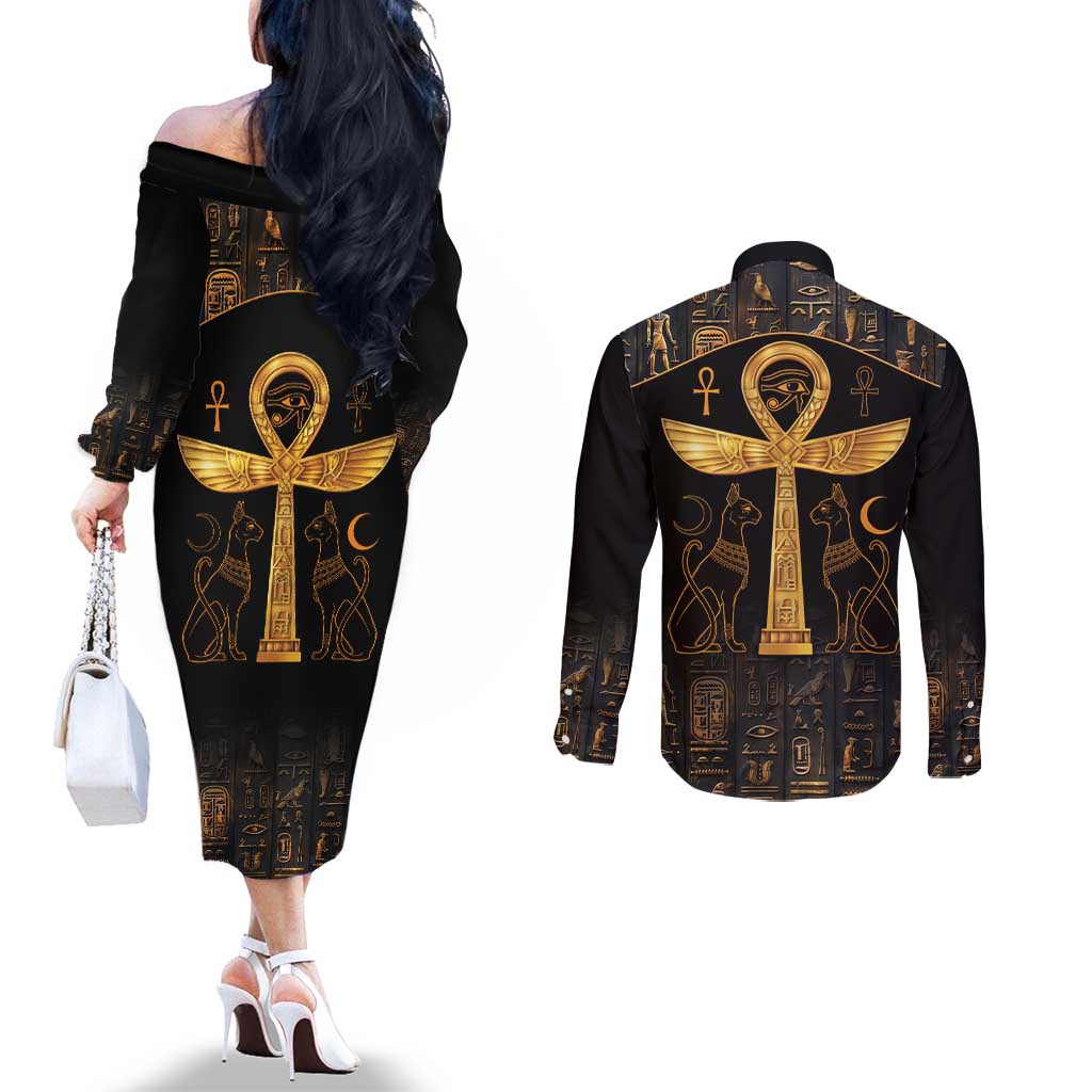 Ankh with Eye of Horus Couples Matching Off The Shoulder Long Sleeve Dress and Long Sleeve Button Shirt Ancient Egypt Culture