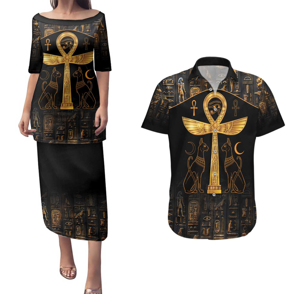 Ankh with Eye of Horus Couples Matching Puletasi and Hawaiian Shirt Ancient Egypt Culture LT9 - Wonder Print Shop