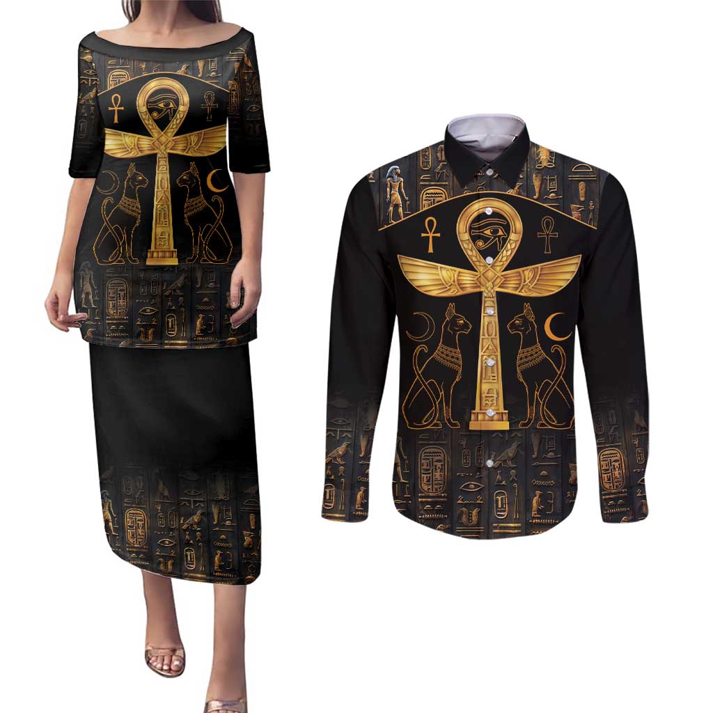 Ankh with Eye of Horus Couples Matching Puletasi and Long Sleeve Button Shirt Ancient Egypt Culture LT9 - Wonder Print Shop