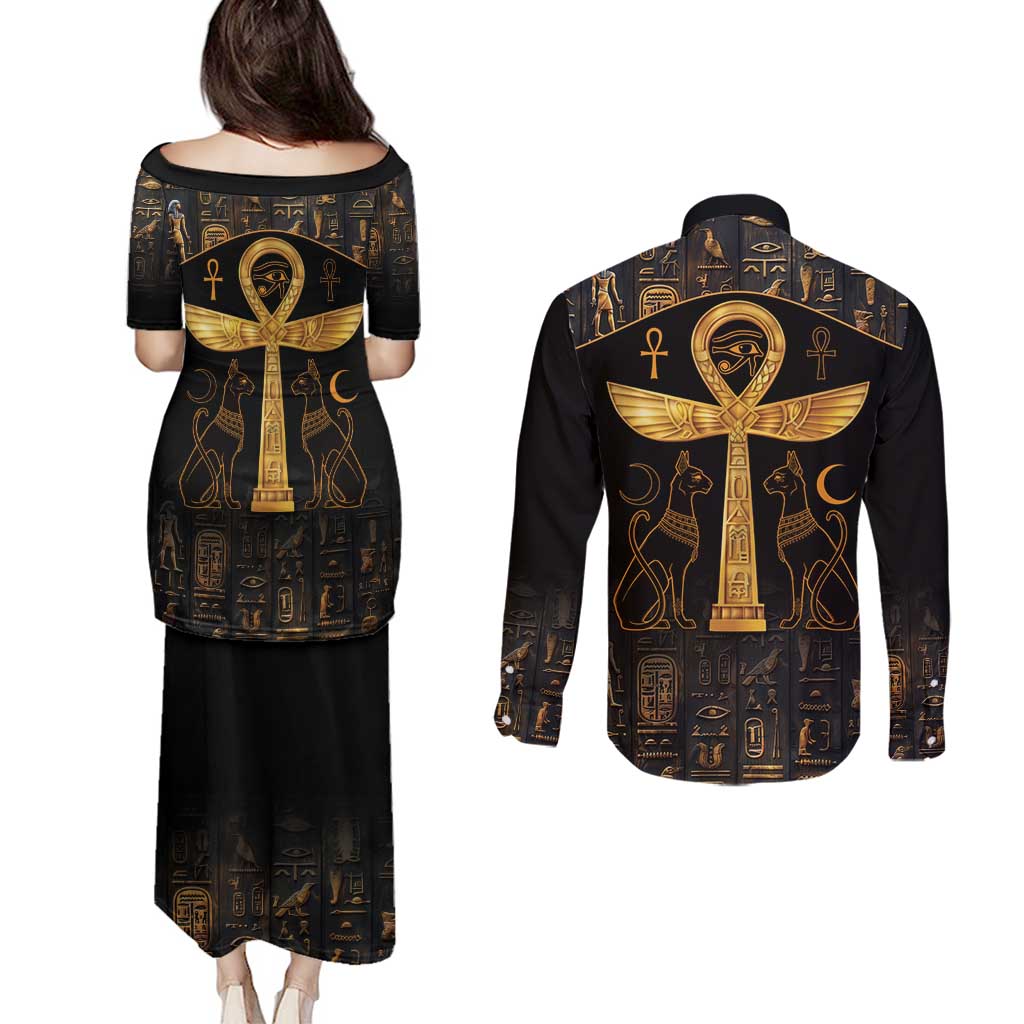 Ankh with Eye of Horus Couples Matching Puletasi and Long Sleeve Button Shirt Ancient Egypt Culture LT9 - Wonder Print Shop