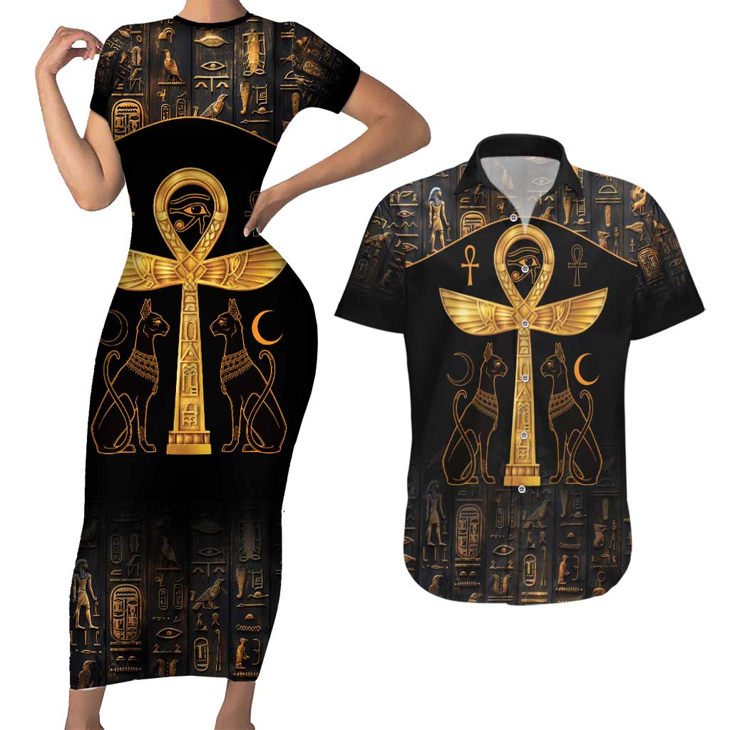 Ankh with Eye of Horus Couples Matching Short Sleeve Bodycon Dress and Hawaiian Shirt Ancient Egypt Culture LT9 - Wonder Print Shop