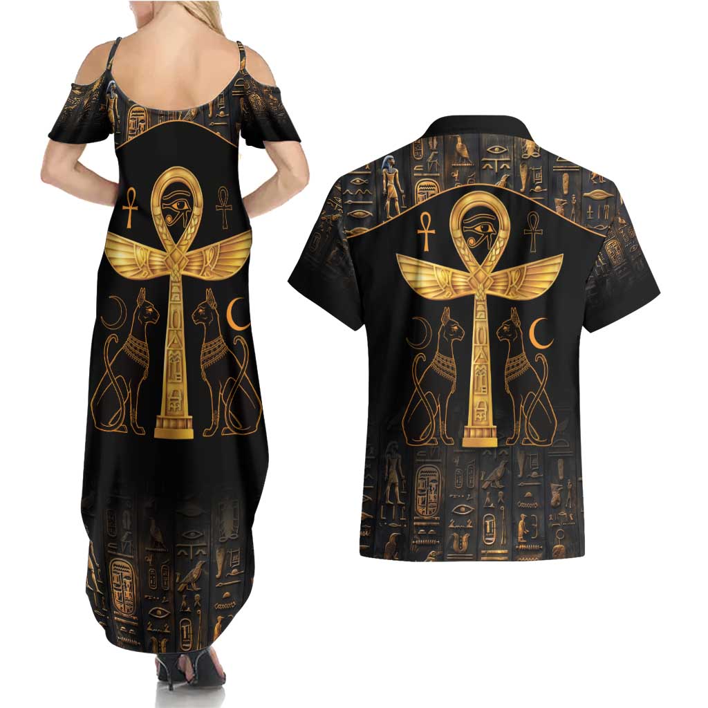 Ankh with Eye of Horus Couples Matching Summer Maxi Dress and Hawaiian Shirt Ancient Egypt Culture LT9 - Wonder Print Shop
