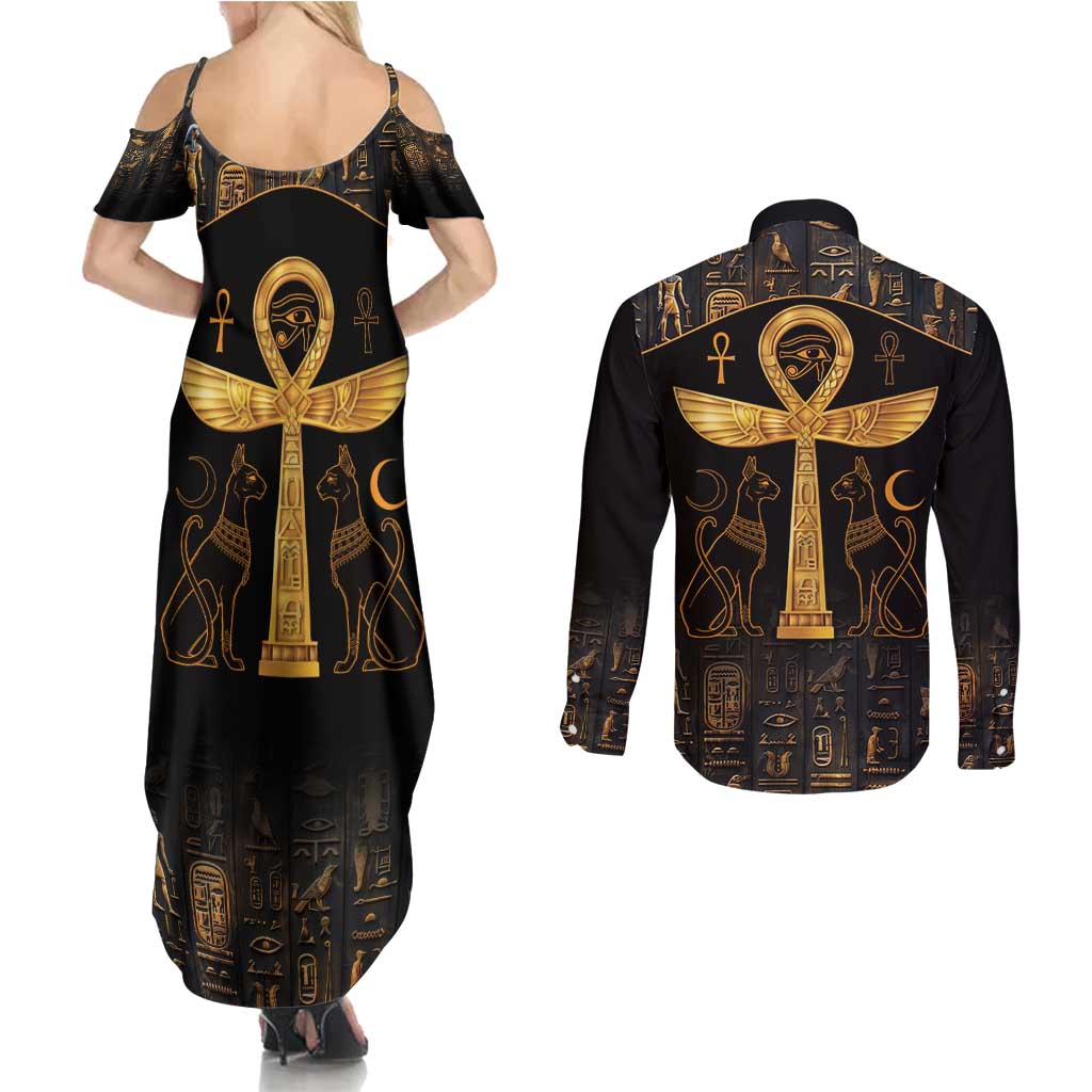 Ankh with Eye of Horus Couples Matching Summer Maxi Dress and Long Sleeve Button Shirt Ancient Egypt Culture LT9 - Wonder Print Shop
