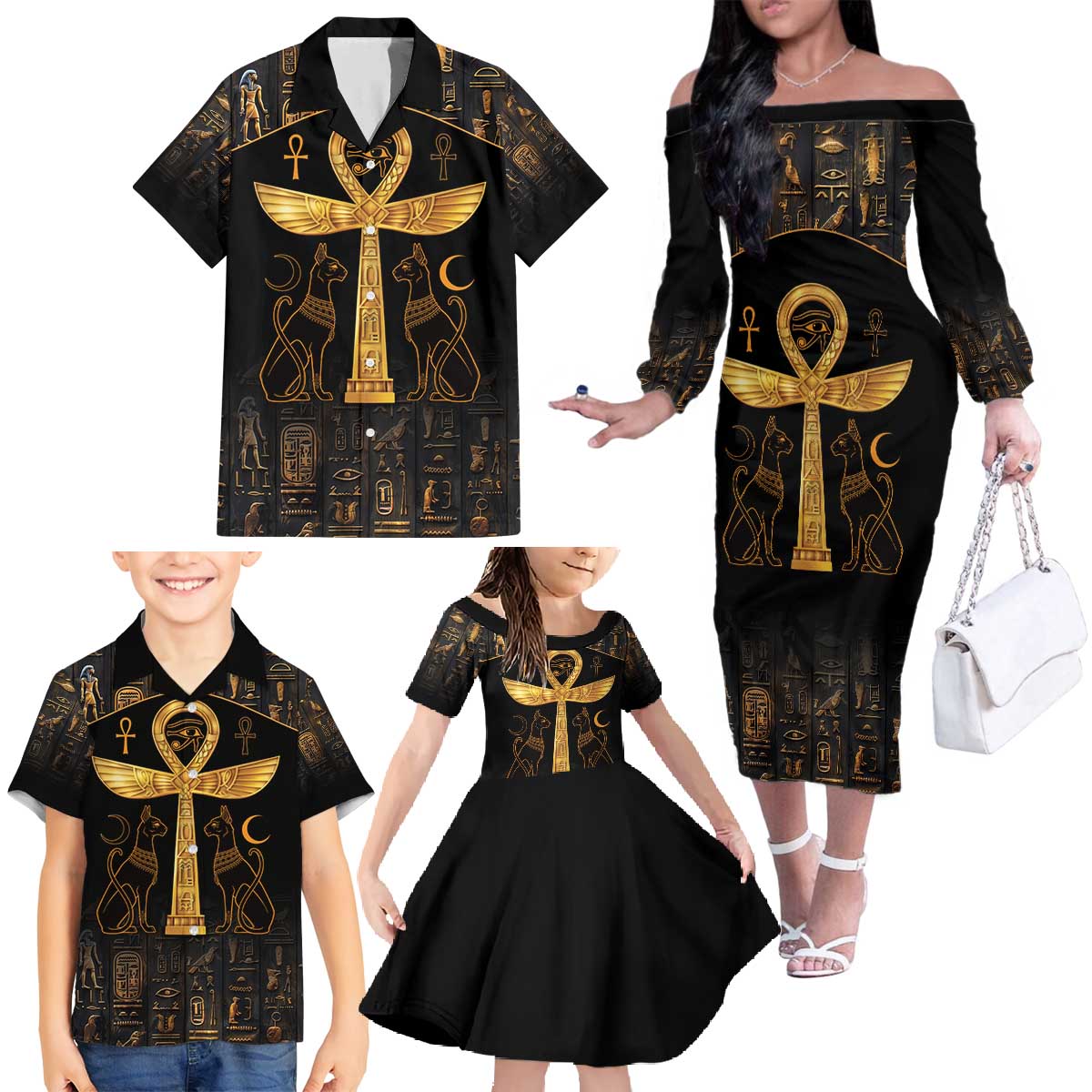 Ankh with Eye of Horus Family Matching Off The Shoulder Long Sleeve Dress and Hawaiian Shirt Ancient Egypt Culture - Wonder Print Shop