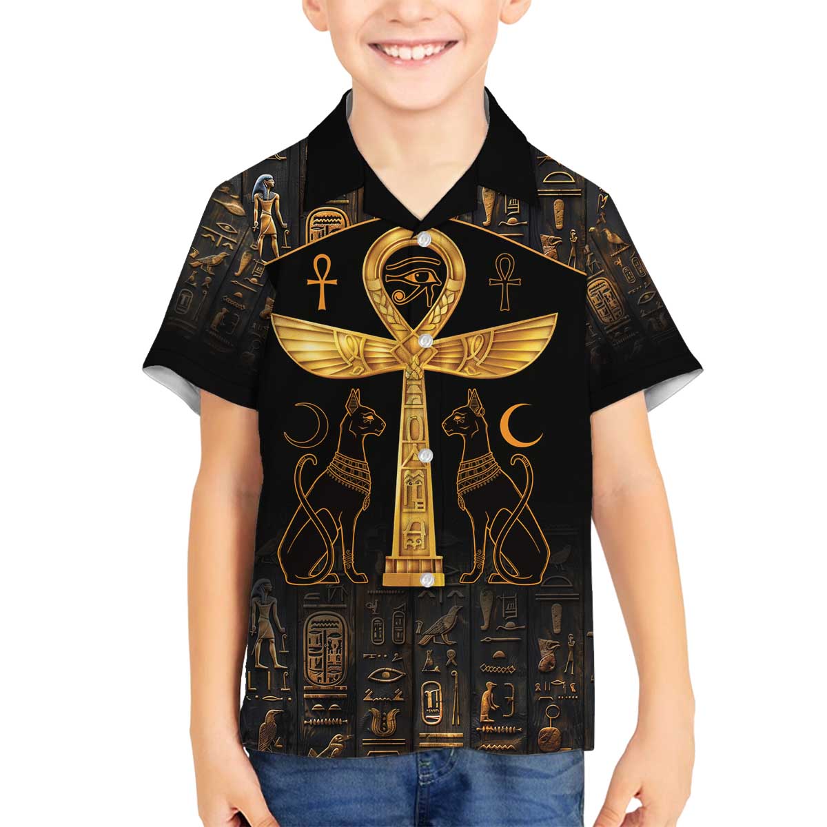 Ankh with Eye of Horus Family Matching Off The Shoulder Long Sleeve Dress and Hawaiian Shirt Ancient Egypt Culture - Wonder Print Shop