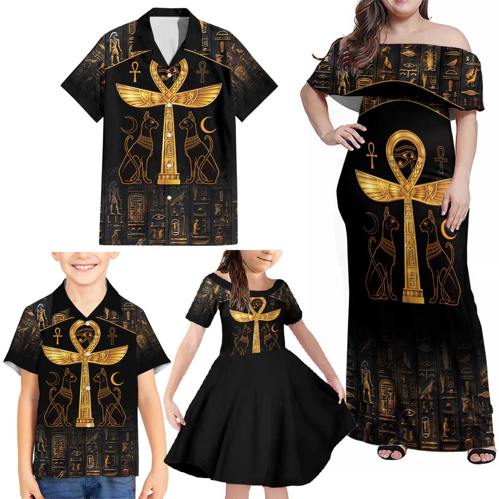 Ankh with Eye of Horus Family Matching Off Shoulder Maxi Dress and Hawaiian Shirt Ancient Egypt Culture LT9 - Wonder Print Shop