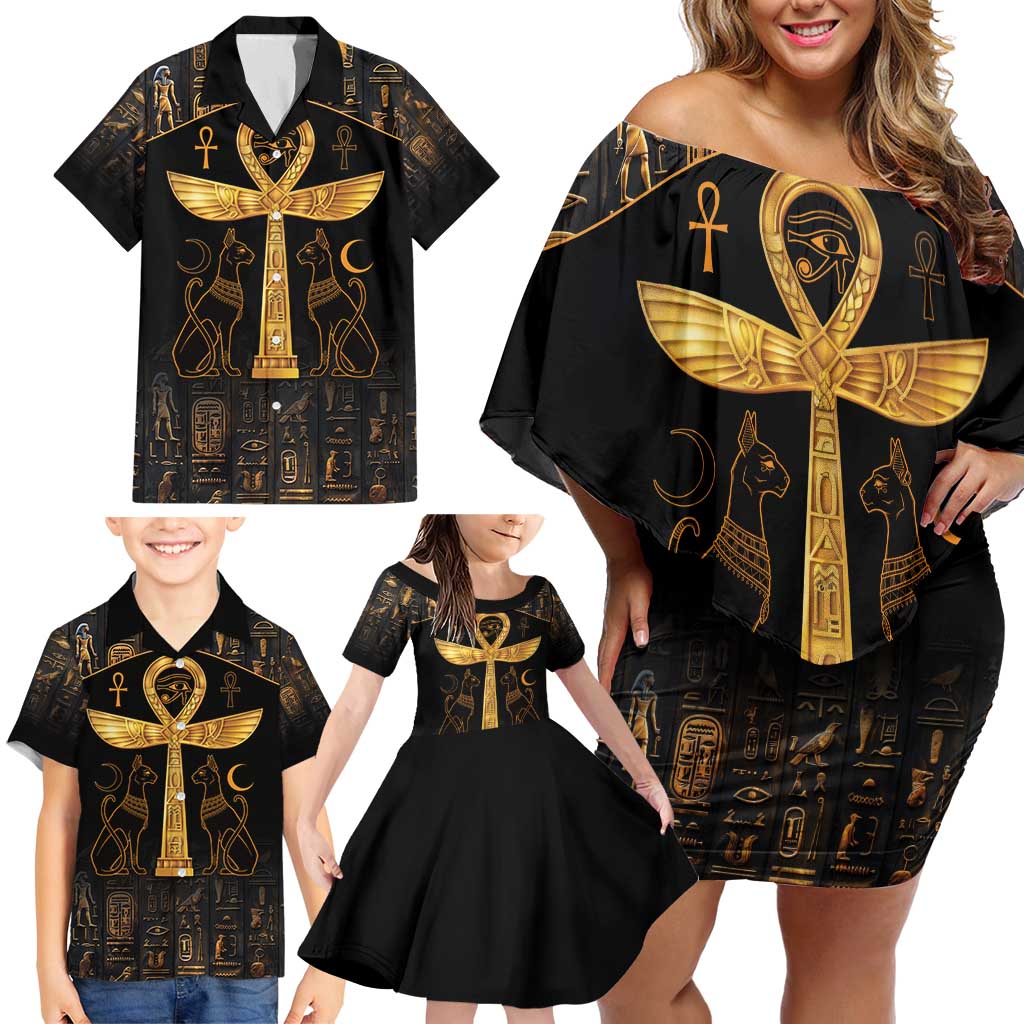 Ankh with Eye of Horus Family Matching Off Shoulder Short Dress and Hawaiian Shirt Ancient Egypt Culture LT9 - Wonder Print Shop