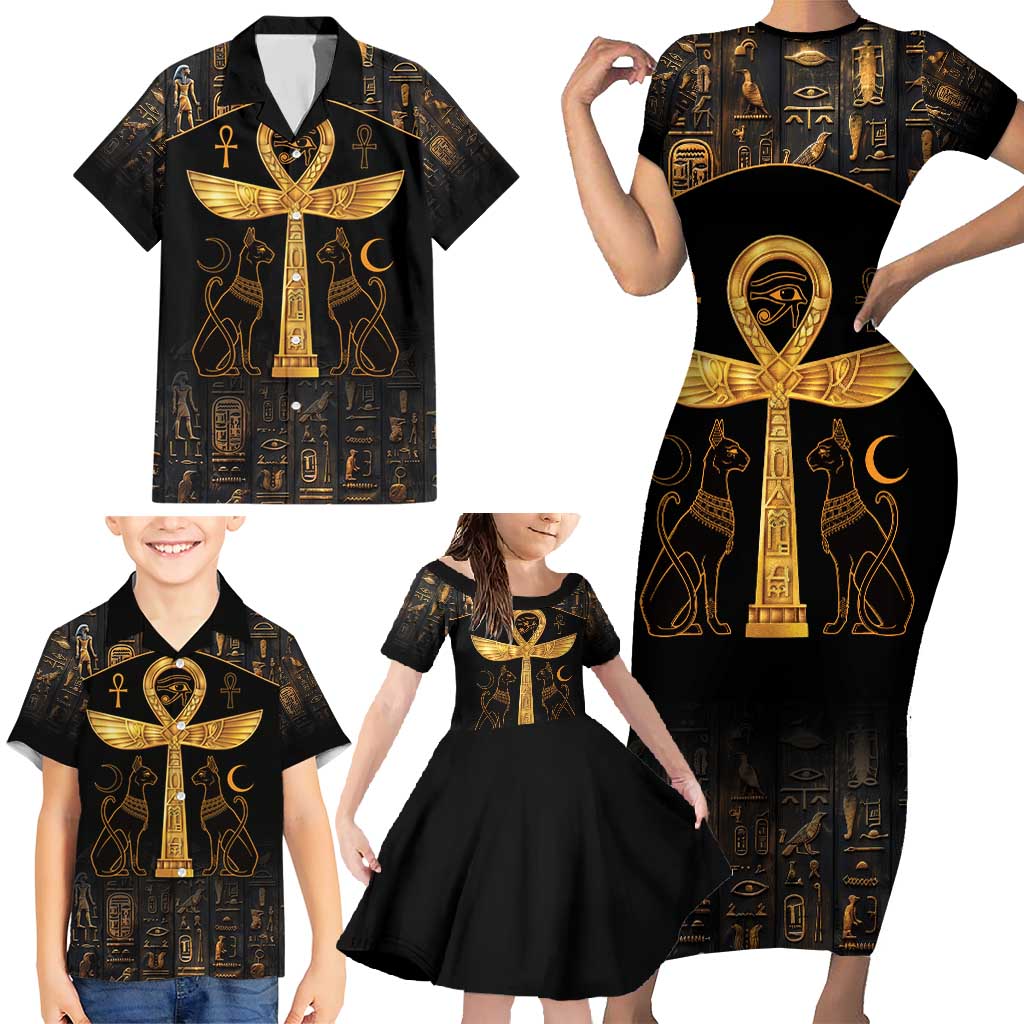 Ankh with Eye of Horus Family Matching Short Sleeve Bodycon Dress and Hawaiian Shirt Ancient Egypt Culture - Wonder Print Shop