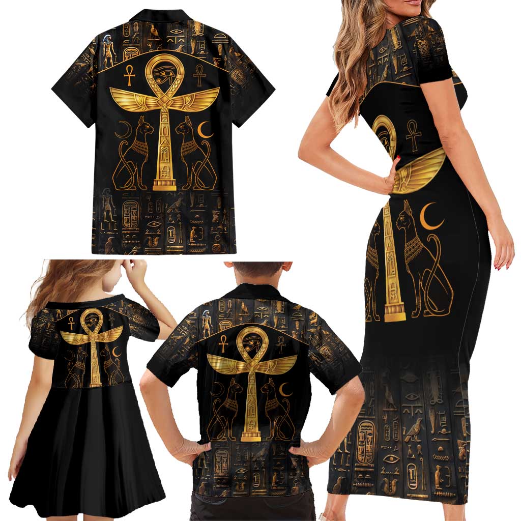 Ankh with Eye of Horus Family Matching Short Sleeve Bodycon Dress and Hawaiian Shirt Ancient Egypt Culture - Wonder Print Shop
