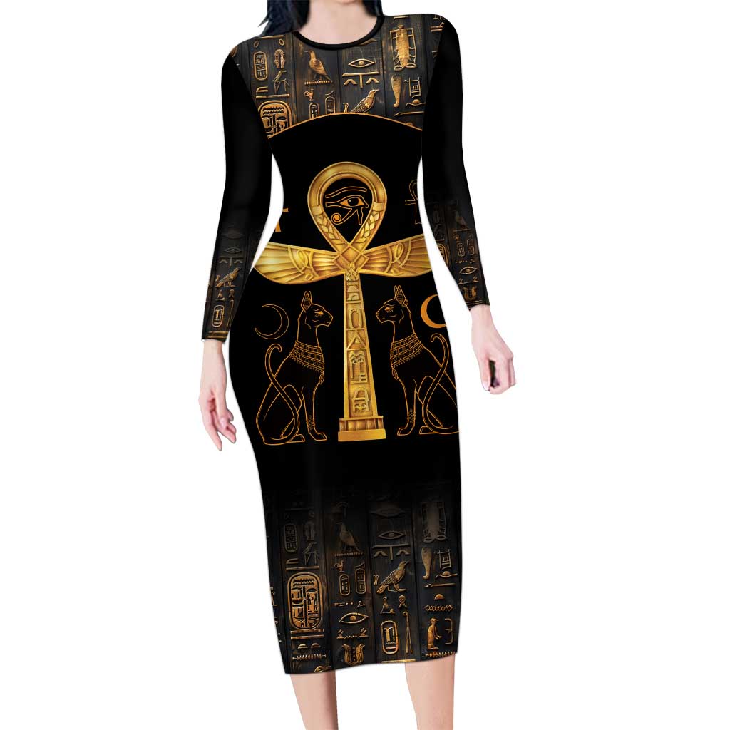 Ankh with Eye of Horus Long Sleeve Bodycon Dress Ancient Egypt Culture - Wonder Print Shop