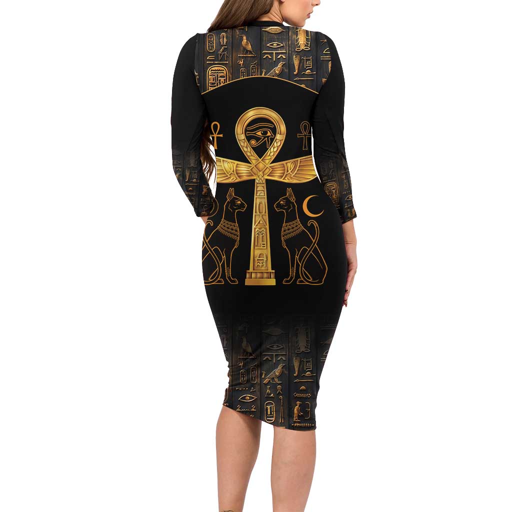 Ankh with Eye of Horus Long Sleeve Bodycon Dress Ancient Egypt Culture - Wonder Print Shop