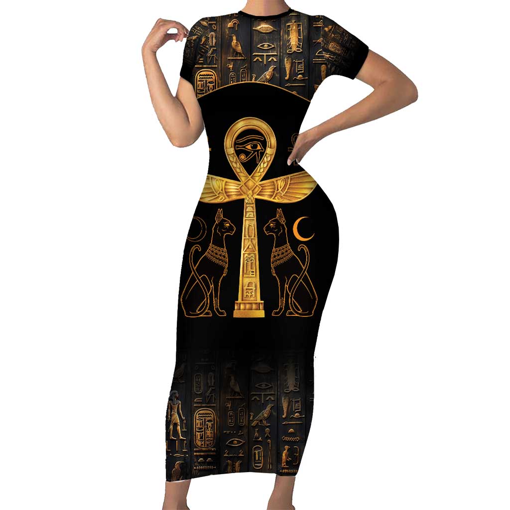 Ankh with Eye of Horus Short Sleeve Bodycon Dress Ancient Egypt Culture - Wonder Print Shop