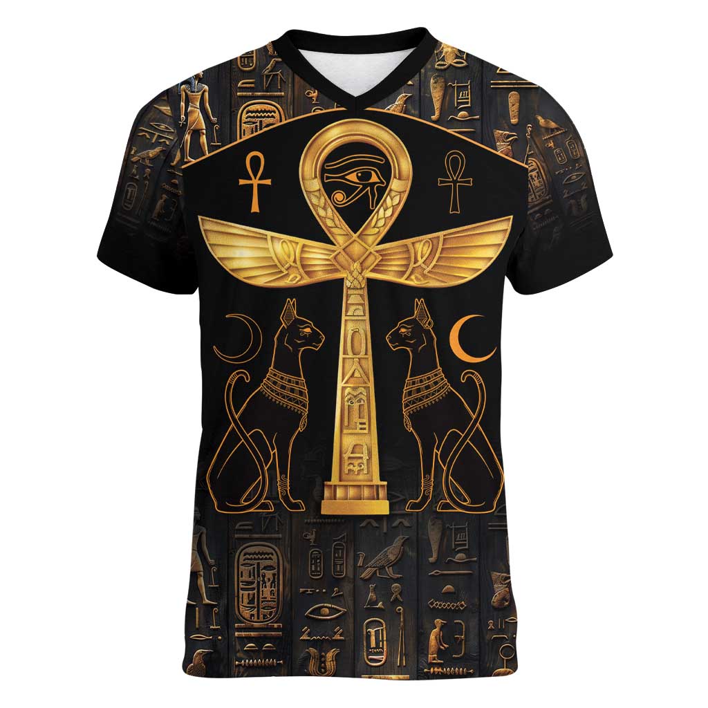 Ankh with Eye of Horus Women V-Neck T-Shirt Ancient Egypt Culture - Wonder Print Shop