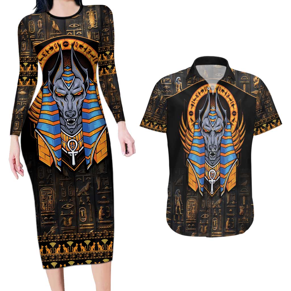 Egyptian Anubis Couples Matching Long Sleeve Bodycon Dress and Hawaiian Shirt Ancient Egypt Culture LT9 - Wonder Print Shop