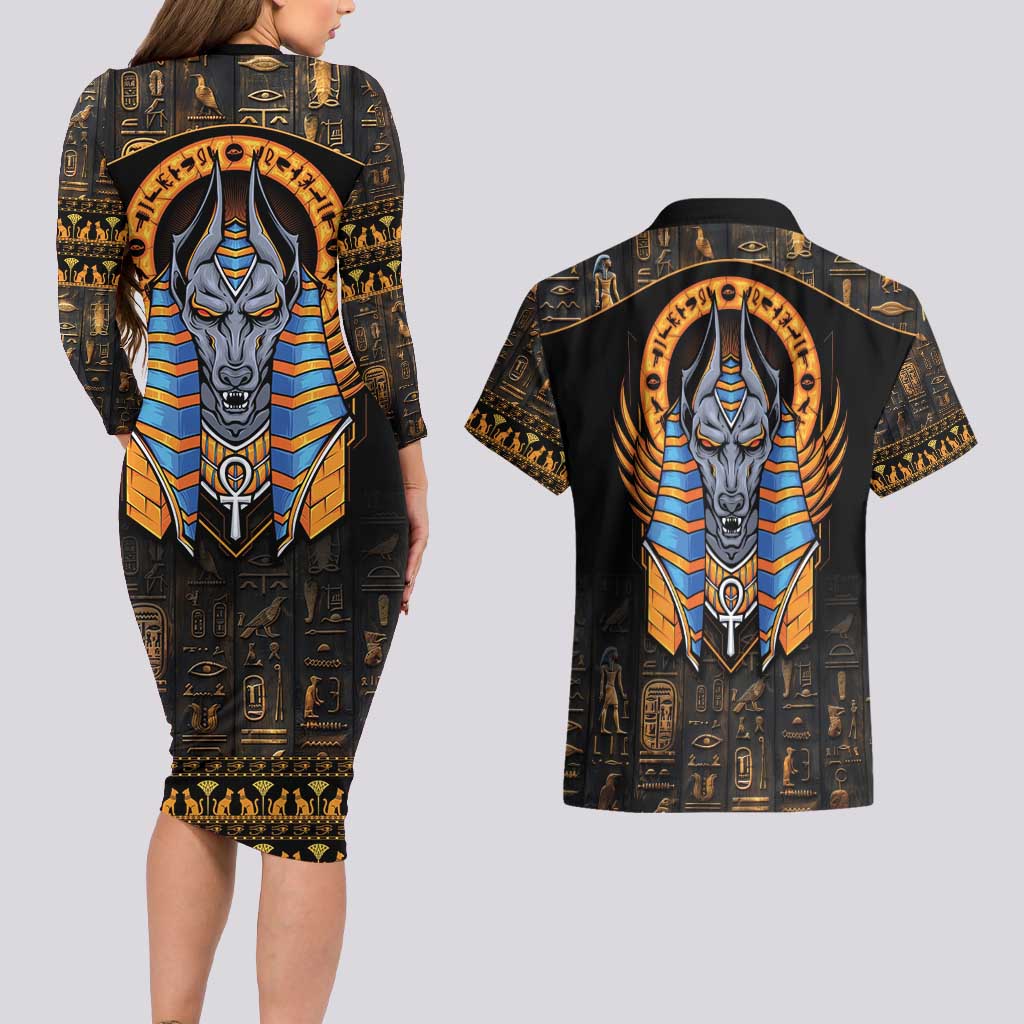 Egyptian Anubis Couples Matching Long Sleeve Bodycon Dress and Hawaiian Shirt Ancient Egypt Culture LT9 - Wonder Print Shop