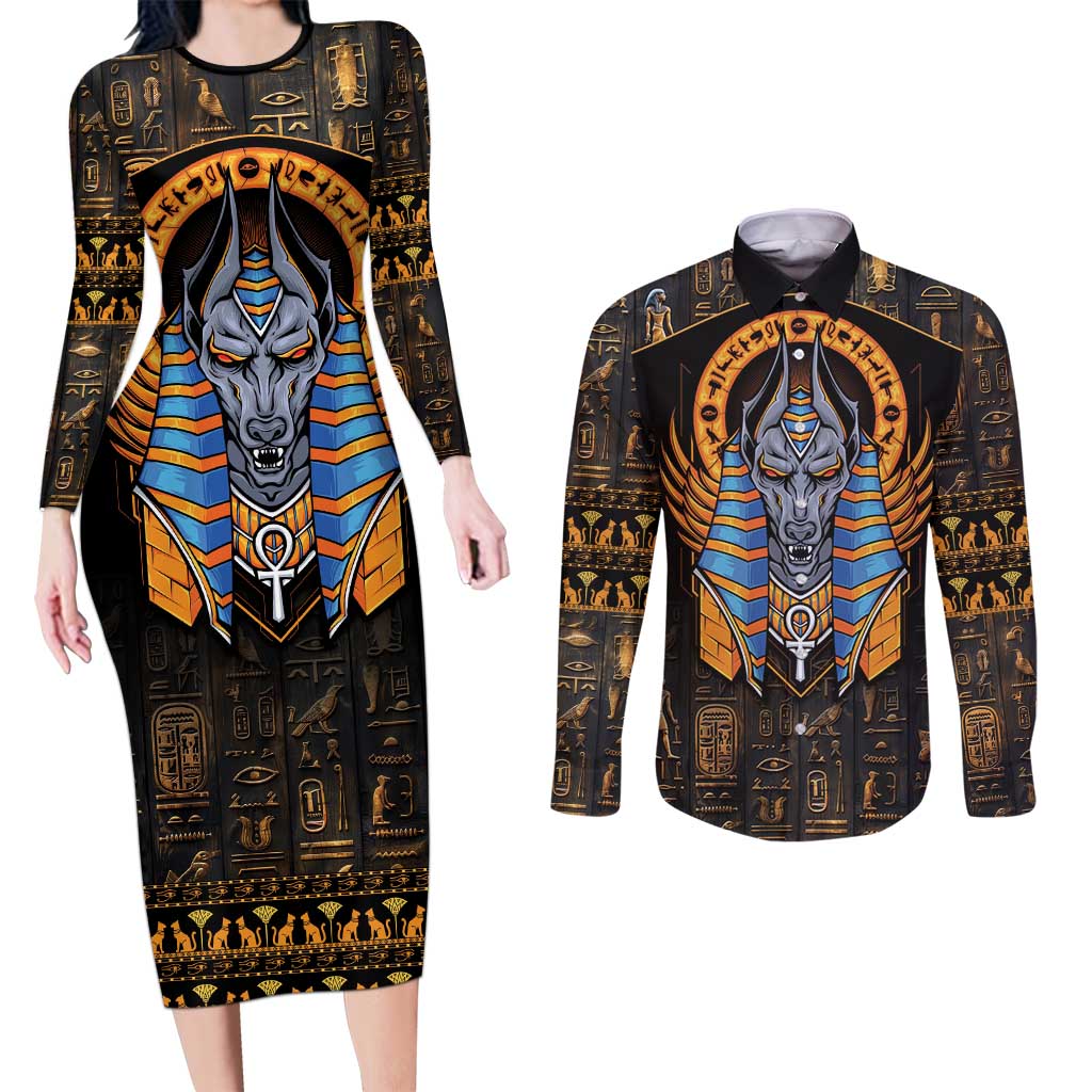 Egyptian Anubis Couples Matching Long Sleeve Bodycon Dress and Long Sleeve Button Shirt Ancient Egypt Culture LT9 - Wonder Print Shop