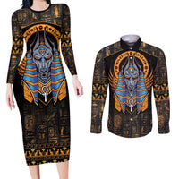 Egyptian Anubis Couples Matching Long Sleeve Bodycon Dress and Long Sleeve Button Shirt Ancient Egypt Culture LT9 - Wonder Print Shop