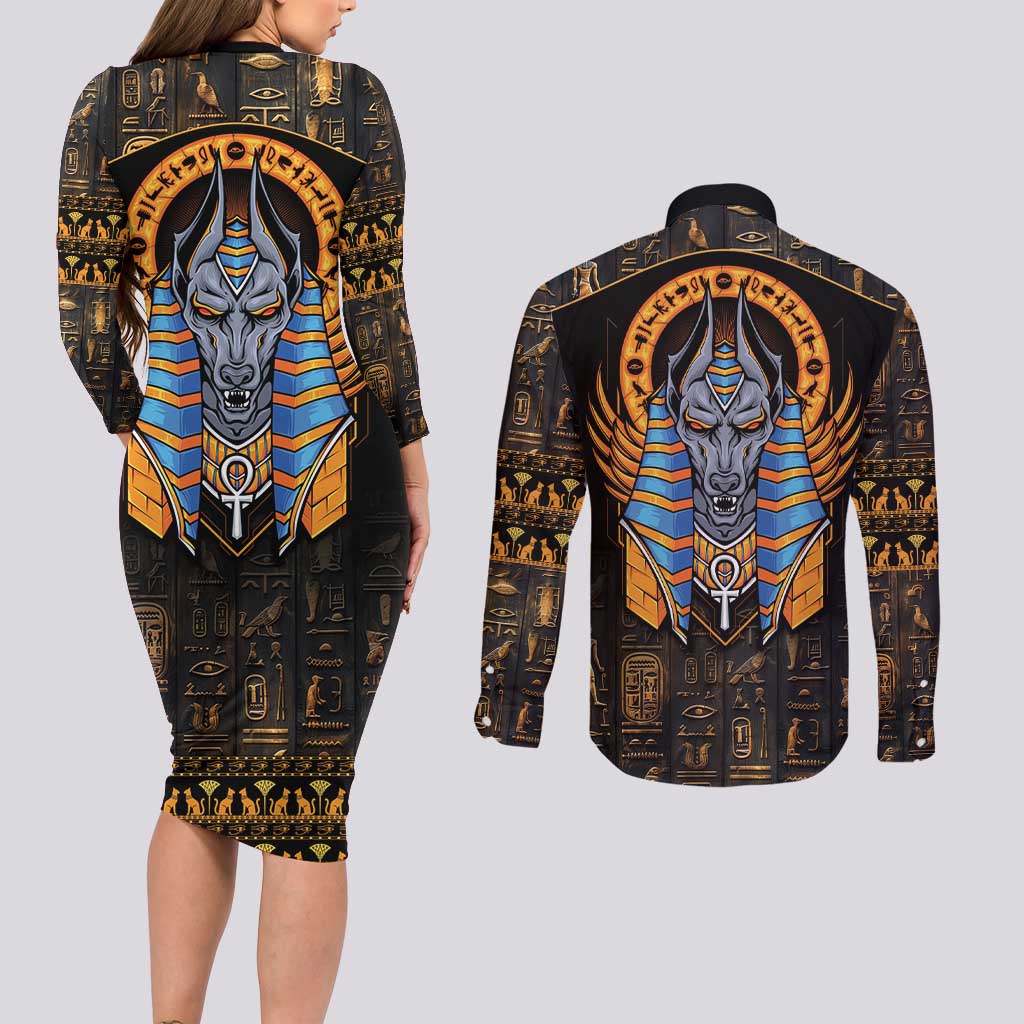 Egyptian Anubis Couples Matching Long Sleeve Bodycon Dress and Long Sleeve Button Shirt Ancient Egypt Culture LT9 - Wonder Print Shop