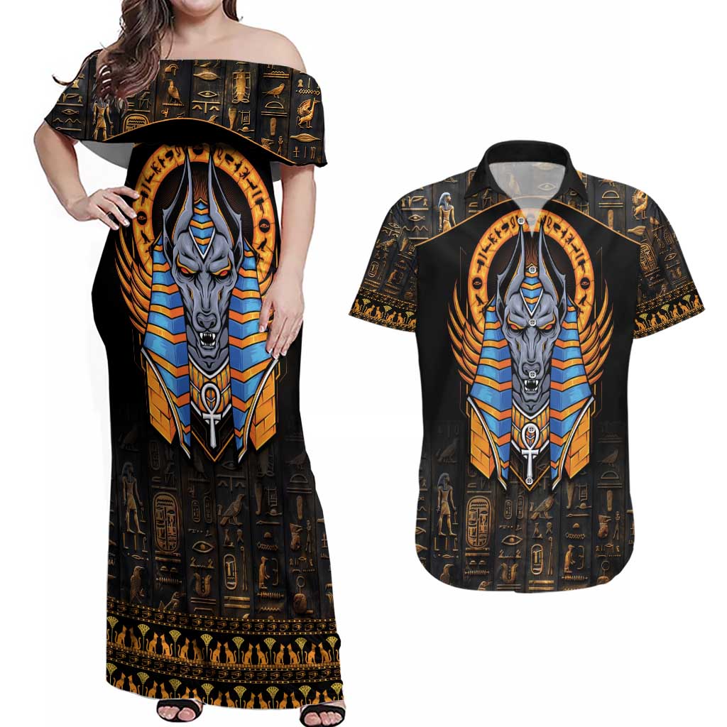 Egyptian Anubis Couples Matching Off Shoulder Maxi Dress and Hawaiian Shirt Ancient Egypt Culture LT9 - Wonder Print Shop