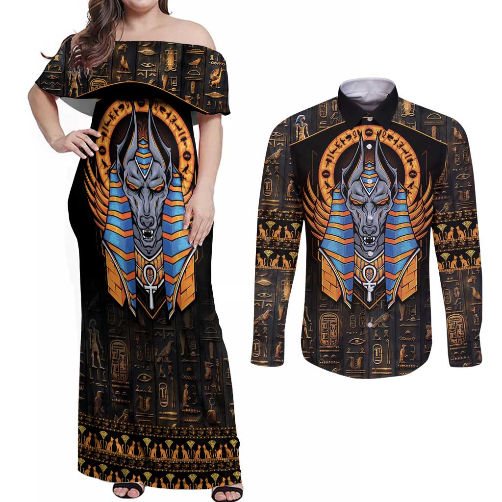 Egyptian Anubis Couples Matching Off Shoulder Maxi Dress and Long Sleeve Button Shirt Ancient Egypt Culture LT9 - Wonder Print Shop