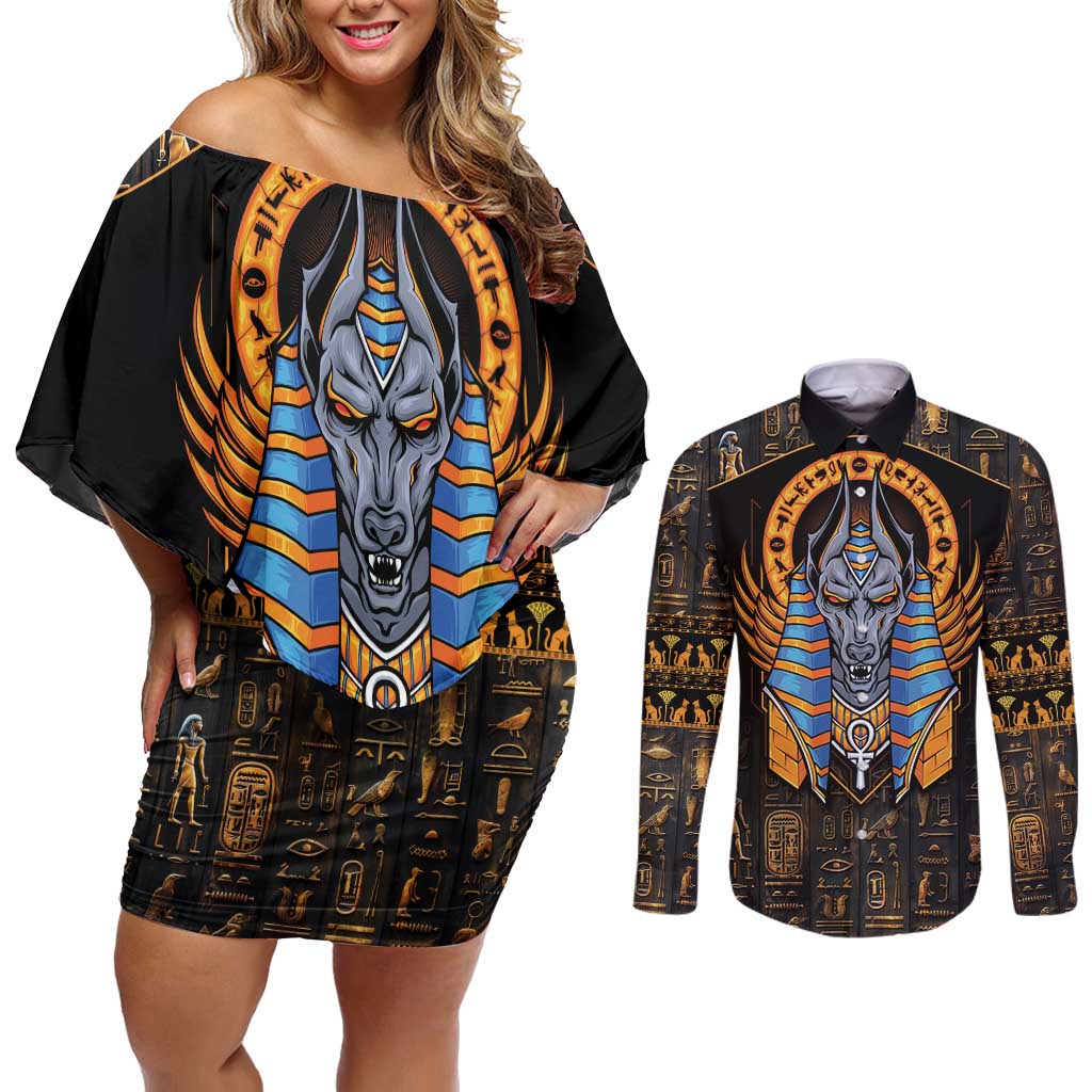 Egyptian Anubis Couples Matching Off Shoulder Short Dress and Long Sleeve Button Shirt Ancient Egypt Culture LT9 - Wonder Print Shop