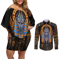 Egyptian Anubis Couples Matching Off Shoulder Short Dress and Long Sleeve Button Shirt Ancient Egypt Culture LT9 - Wonder Print Shop