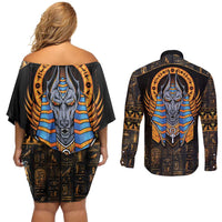 Egyptian Anubis Couples Matching Off Shoulder Short Dress and Long Sleeve Button Shirt Ancient Egypt Culture LT9 - Wonder Print Shop