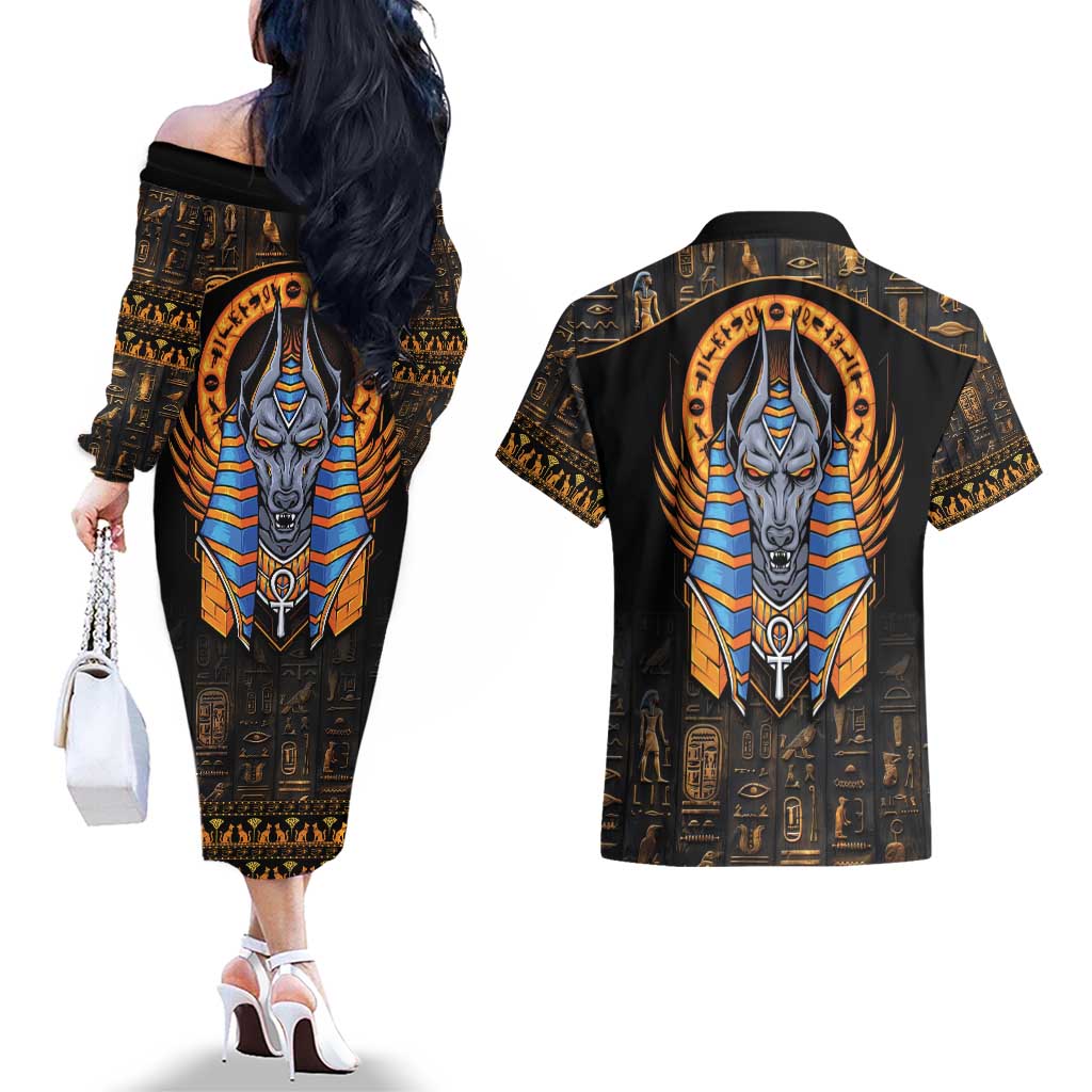 Egyptian Anubis Couples Matching Off The Shoulder Long Sleeve Dress and Hawaiian Shirt Ancient Egypt Culture LT9 - Wonder Print Shop