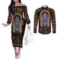 Egyptian Anubis Couples Matching Off The Shoulder Long Sleeve Dress and Long Sleeve Button Shirt Ancient Egypt Culture