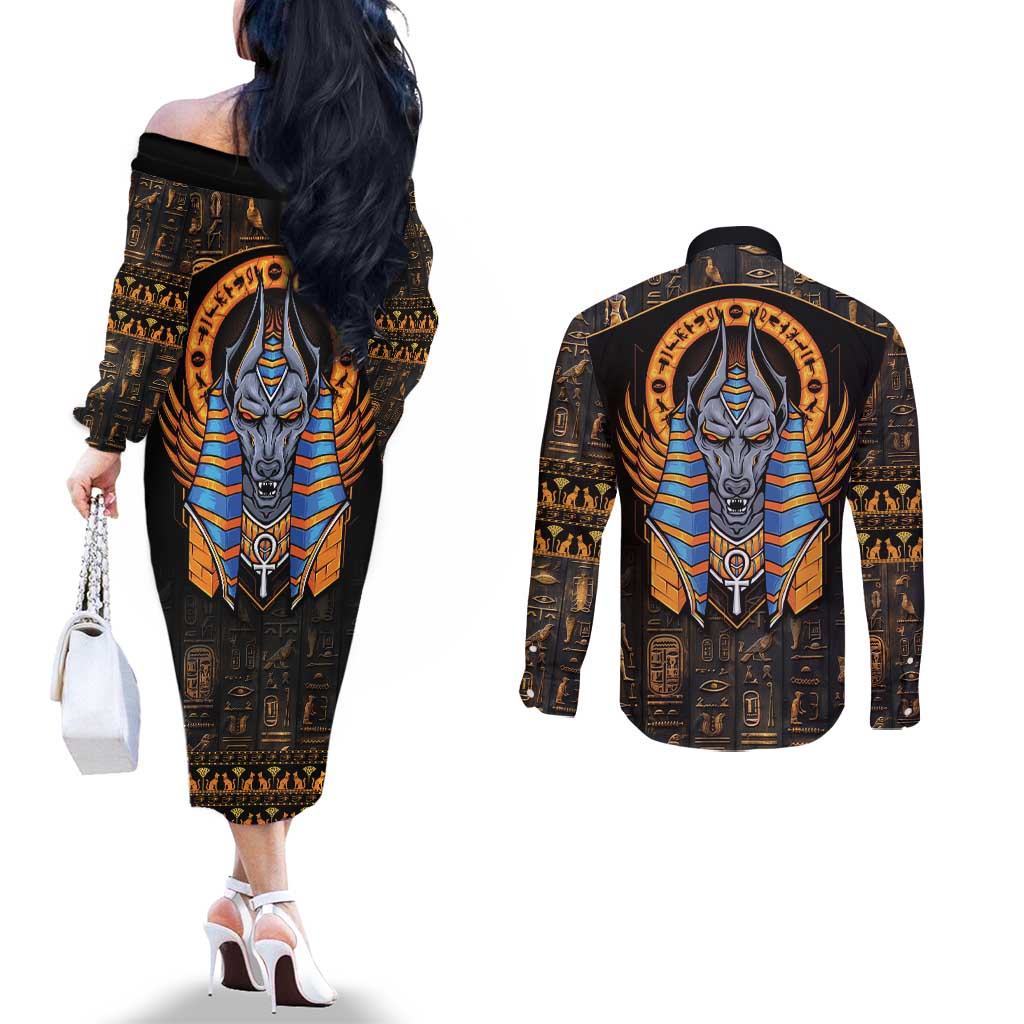 Egyptian Anubis Couples Matching Off The Shoulder Long Sleeve Dress and Long Sleeve Button Shirt Ancient Egypt Culture