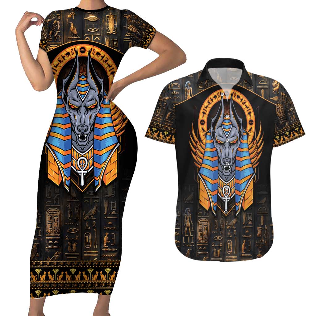 Egyptian Anubis Couples Matching Short Sleeve Bodycon Dress and Hawaiian Shirt Ancient Egypt Culture LT9 - Wonder Print Shop