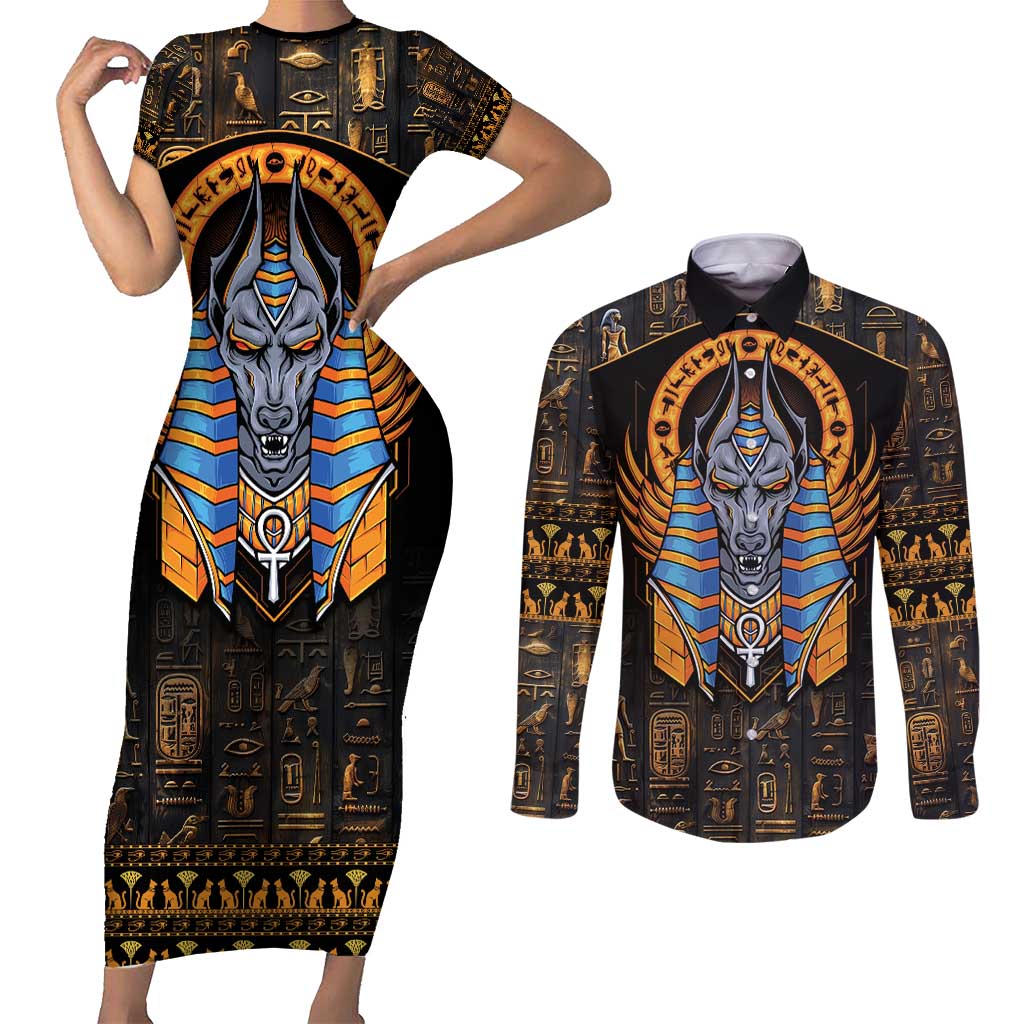 Egyptian Anubis Couples Matching Short Sleeve Bodycon Dress and Long Sleeve Button Shirt Ancient Egypt Culture LT9 - Wonder Print Shop