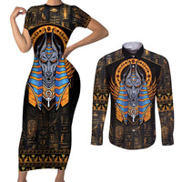 Egyptian Anubis Couples Matching Short Sleeve Bodycon Dress and Long Sleeve Button Shirt Ancient Egypt Culture LT9 - Wonder Print Shop