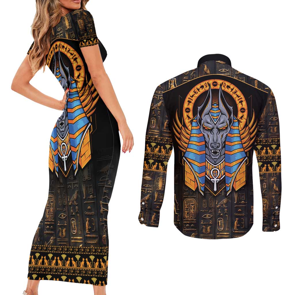 Egyptian Anubis Couples Matching Short Sleeve Bodycon Dress and Long Sleeve Button Shirt Ancient Egypt Culture LT9 - Wonder Print Shop