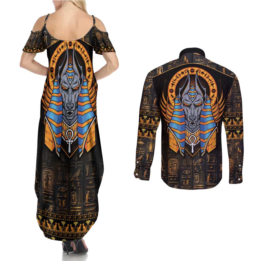 Egyptian Anubis Couples Matching Summer Maxi Dress and Long Sleeve Button Shirt Ancient Egypt Culture LT9 - Wonder Print Shop