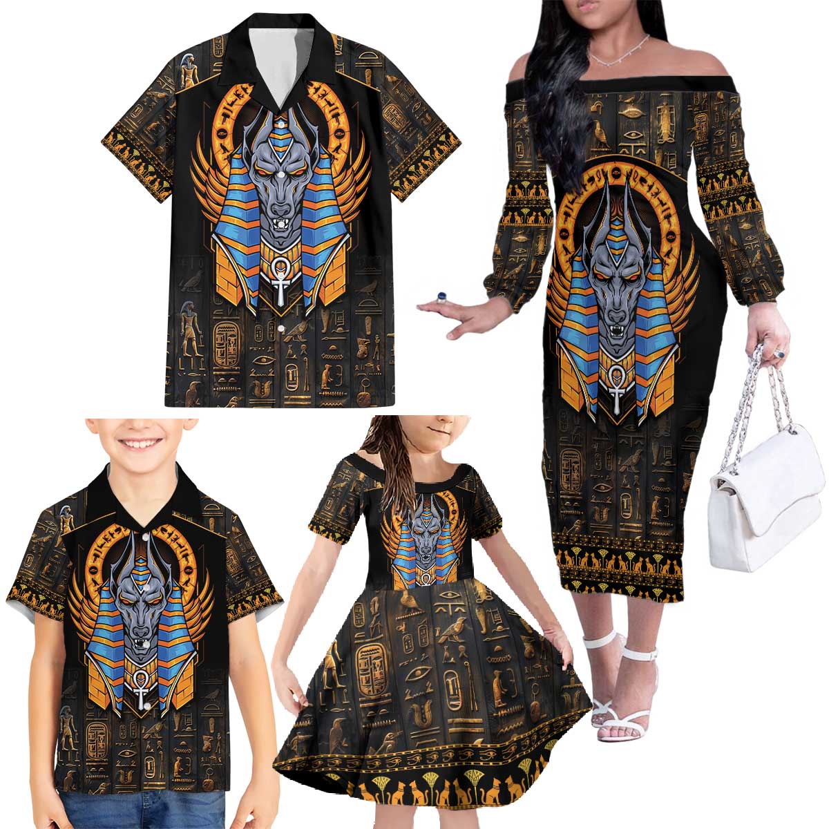 Egyptian Anubis Family Matching Off The Shoulder Long Sleeve Dress and Hawaiian Shirt Ancient Egypt Culture - Wonder Print Shop