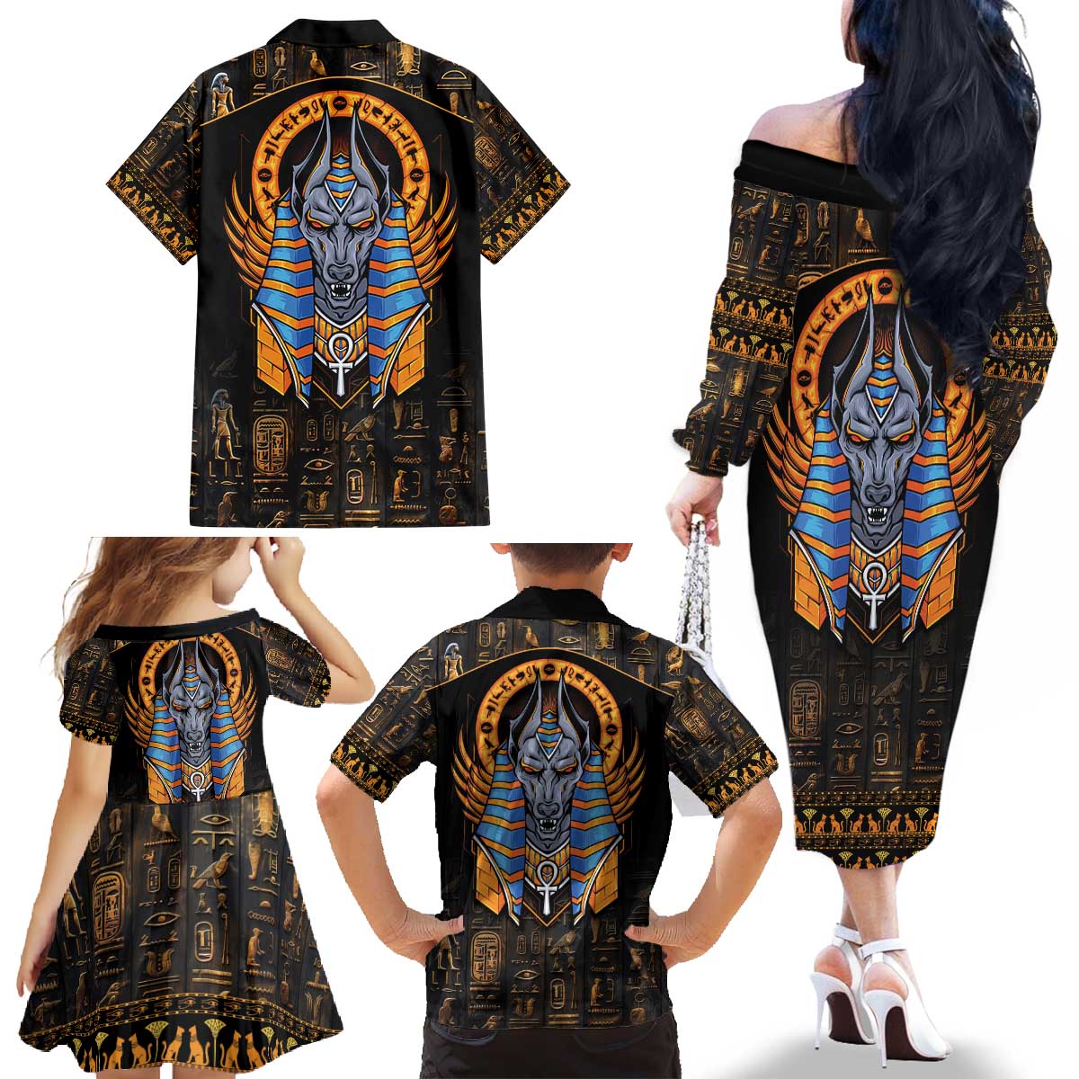 Egyptian Anubis Family Matching Off The Shoulder Long Sleeve Dress and Hawaiian Shirt Ancient Egypt Culture - Wonder Print Shop