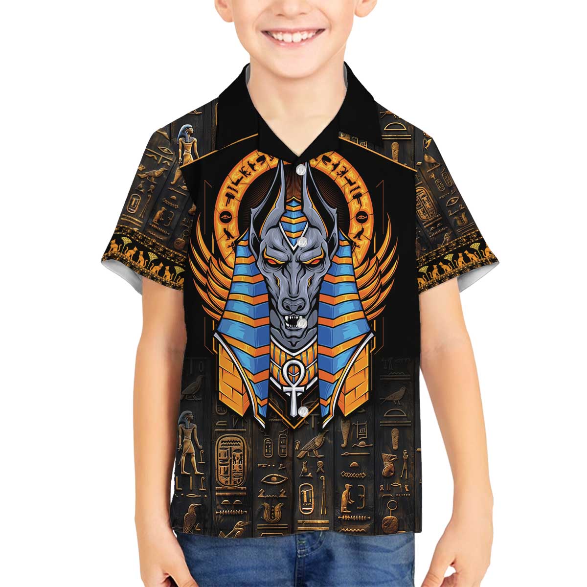 Egyptian Anubis Family Matching Off The Shoulder Long Sleeve Dress and Hawaiian Shirt Ancient Egypt Culture - Wonder Print Shop