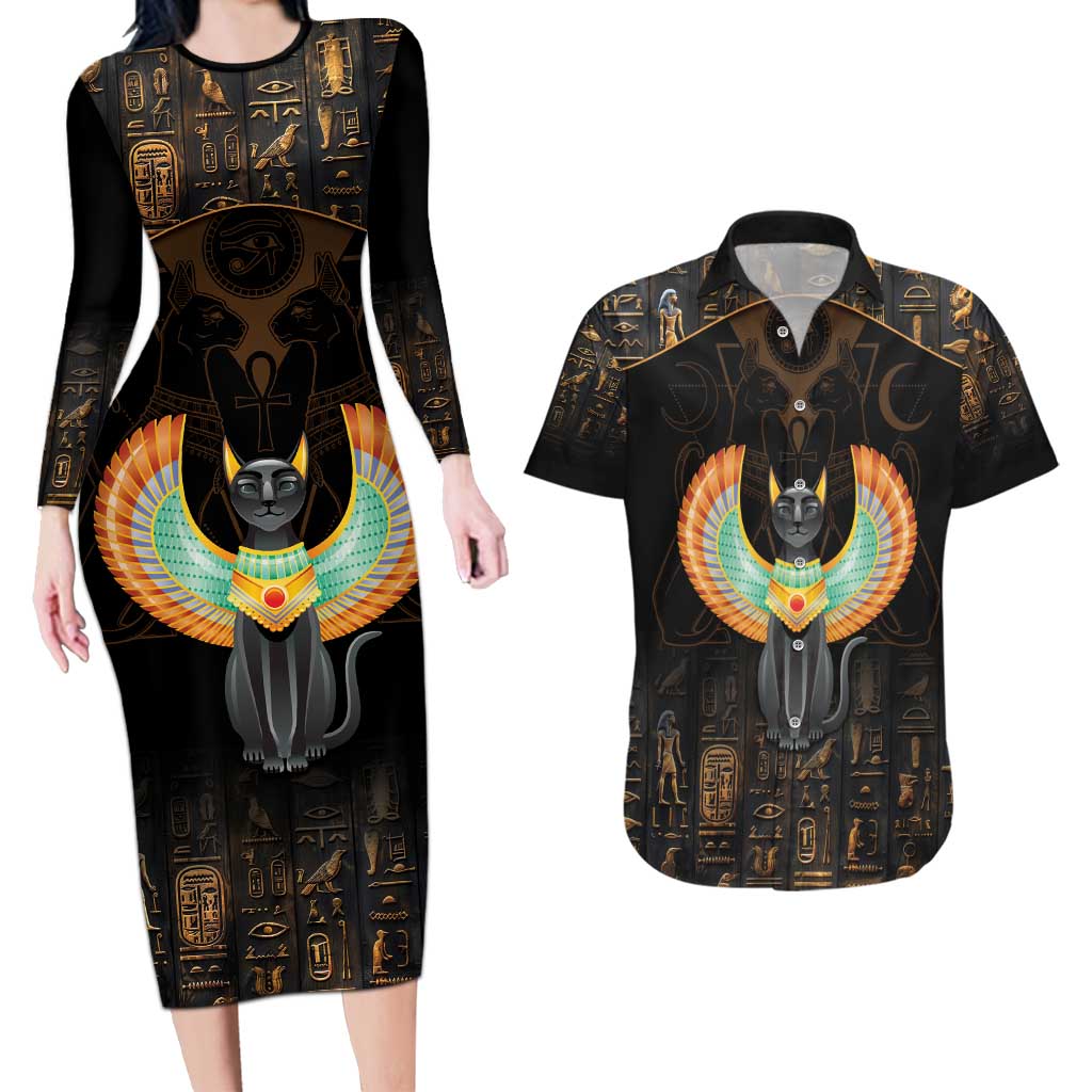 Winged Egypt Cats Couples Matching Long Sleeve Bodycon Dress and Hawaiian Shirt Ancient Egypt Culture LT9 - Wonder Print Shop