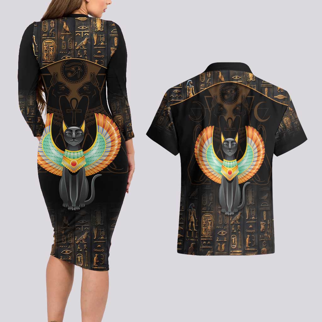 Winged Egypt Cats Couples Matching Long Sleeve Bodycon Dress and Hawaiian Shirt Ancient Egypt Culture LT9 - Wonder Print Shop
