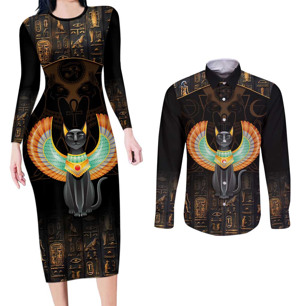 Winged Egypt Cats Couples Matching Long Sleeve Bodycon Dress and Long Sleeve Button Shirt Ancient Egypt Culture LT9 - Wonder Print Shop