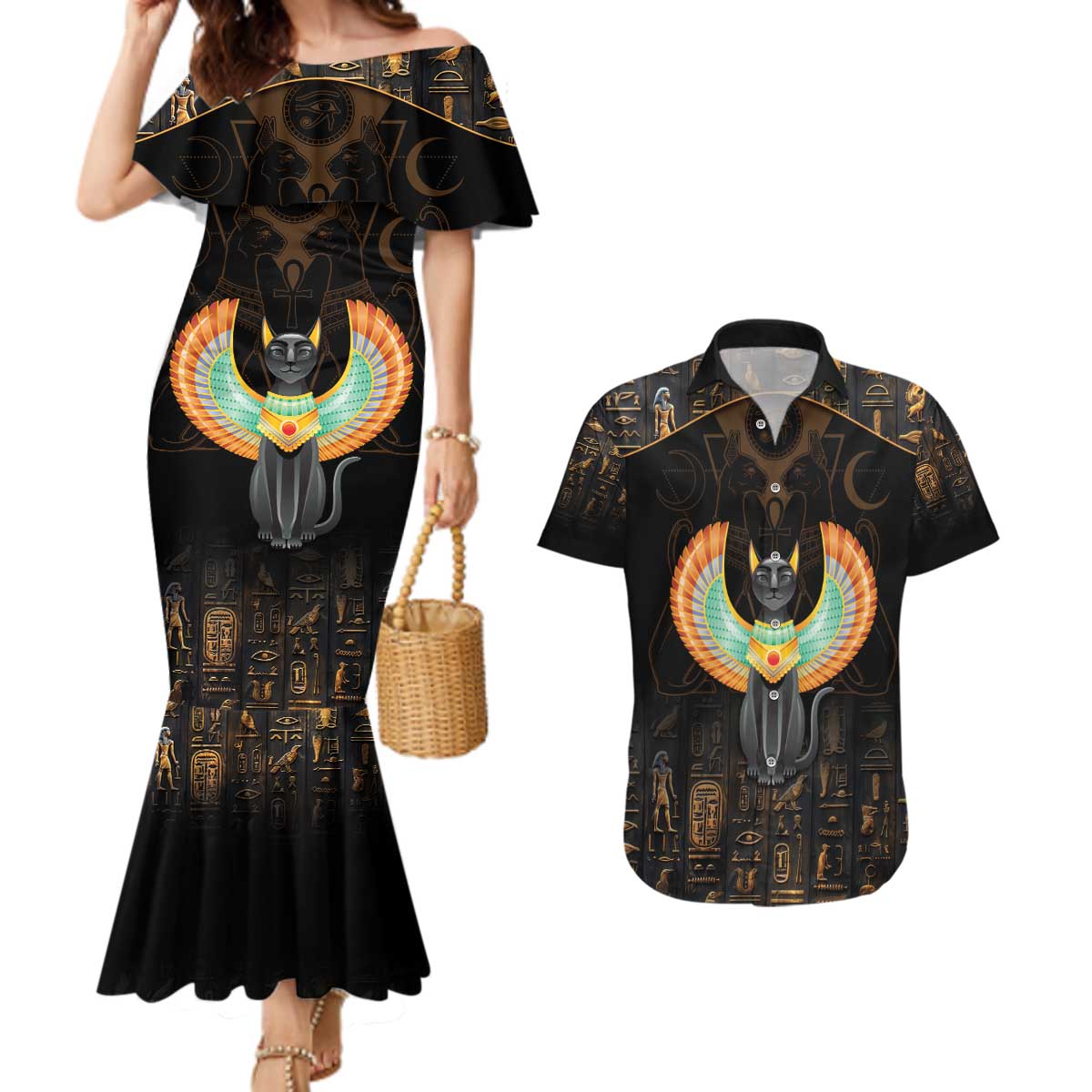 Winged Egypt Cats Couples Matching Mermaid Dress and Hawaiian Shirt Ancient Egypt Culture LT9 - Wonder Print Shop