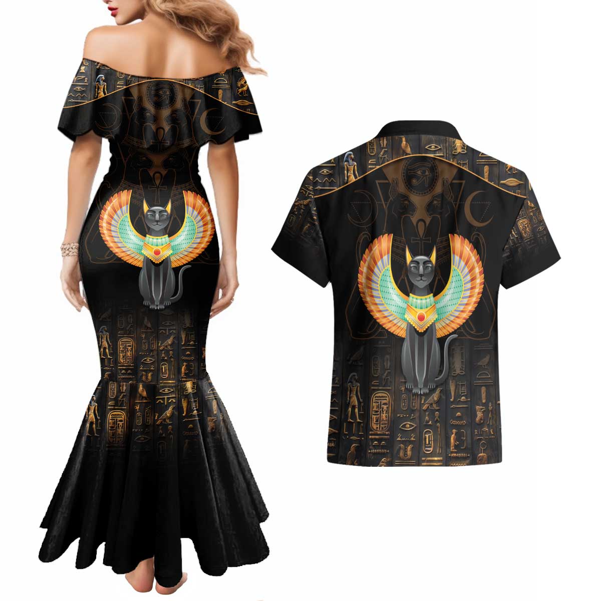 Winged Egypt Cats Couples Matching Mermaid Dress and Hawaiian Shirt Ancient Egypt Culture LT9 - Wonder Print Shop
