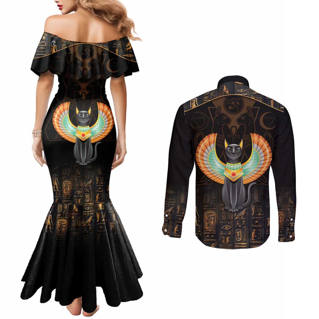 Winged Egypt Cats Couples Matching Mermaid Dress and Long Sleeve Button Shirt Ancient Egypt Culture