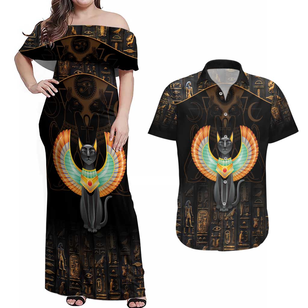 Winged Egypt Cats Couples Matching Off Shoulder Maxi Dress and Hawaiian Shirt Ancient Egypt Culture LT9 - Wonder Print Shop